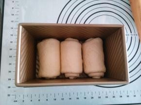 三个面团都同样做好，放入吐司盒，进行二发。二发可在烤箱进行，里面放一碗热水。