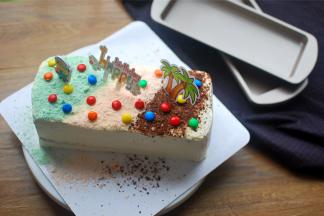 刨出适量的法芙娜巧克力碎，果味巧克力（绿色，橙色），将其铺到蛋糕表面上，最后用MM巧克力和小卡片装饰即可。