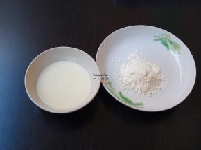 炸粉分二个碗，60克的加入适量的清水拌均成面糊，40克干粉；