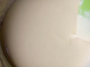 手法是右手顺时针从下往上翻拌，左手逆时针转动蛋盆，速度要快，这样几下就均匀了，把混合蛋黄液倒回蛋白里，用同样手法与蛋白混合均匀