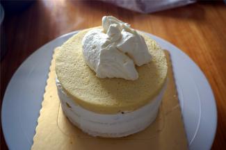 然后放入第三片蛋糕片，表面放上厚厚的淡奶油。