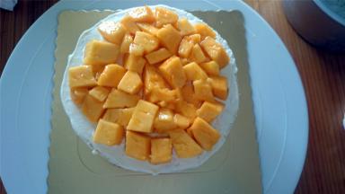 接着放入第二片蛋糕片，铺上芒果肉，并填上淡奶油。