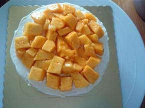 接着放入第二片蛋糕片，铺上芒果肉，并填上淡奶油。