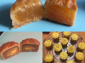 烤好的月饼，放至室温密封保存一晚，等待回油后即可食用。
