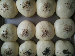 发酵至二倍大时取出刷蛋液，撒芝麻