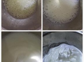 分3次加入细砂糖，用电动打蛋器打到硬性状态，提前打蛋器能拉出略短小的直角。
