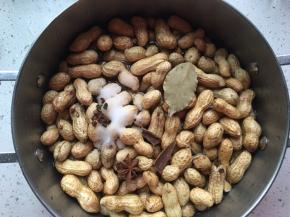 将花生放入锅中，加入八角，香叶，花椒，桂皮，盐。还有适量清水