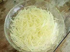 土豆擦丝，洗去多余的淀粉，再用清水浸泡十分钟，再沥干。