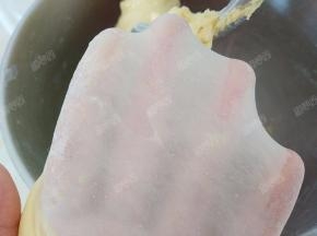 继续揉面至完全阶段，可以拉出很薄的有弹性且坚韧的薄膜状态