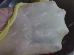 继续揉面至完全阶段，可以拉出很薄的有弹性且坚韧的薄膜