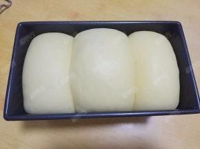 盖上湿毛巾放入烤箱发酵至吐司盒9分满