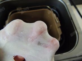 启动揉面程序，将面团揉至扩展阶段，即抻开面团，面团能形成一张比较薄的薄膜