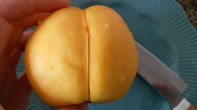 用水果刀在黄桃中间割条口子