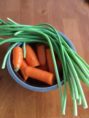 过了一个星期左右我又买了蒜薹和胡萝卜，都洗净好，胡萝卜买比较小根嫩一点的，掰成两段或者三段都可以，蒜薹处理一些头尾就可以了