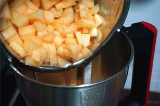 将果肉粒倒入破壁机料理杯中。