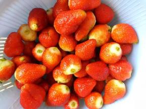 草莓去蒂放在加了盐的清水中浸泡10分钟，然后用流水冲洗干净