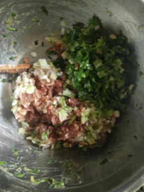 买回来的肉馅，加葱姜末调好味道，最后加入韭菜末。