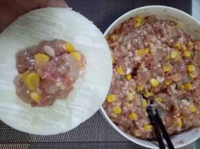 拿上一张水饺皮（我是买的水饺皮）放上馅儿，不要太多，皮子边缘蘸上水，包上，捏紧