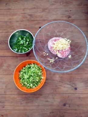 把香葱，芹菜，猪肉，姜切末(猪肉和姜放入碗中)