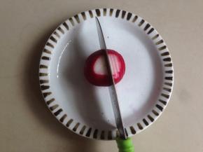 将樱桃萝卜放在高一圈的碟子上，也可以将筷子放在两旁，这样防止一切到底。用刀竖着切薄片