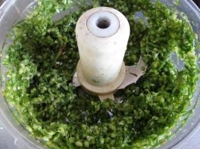 用绞肉功能搅碎。记得盐和梨是均匀放在每次的韭菜花里的。当然也可以全部搅打完了，放盆里一起放盐