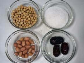 准备食材：黄豆60克、红枣15克、花生15克、砂糖60克。