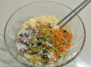 再加入切成末的芹菜，香菇，洋葱，胡萝卜。
