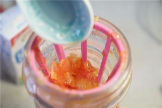 同样有少许果肉摇至在网格里，用匙子压一下。