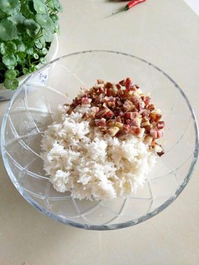 把剩饭、腊肠放入碗中。