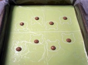 烤盘垫上吸油纸，然后刷上一层油，用可可面糊画出小熊的鼻子，如图。