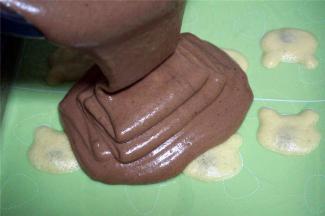 将可可蛋糕糊倒到图案上，震荡出大气泡，表面抹平。