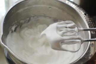 蛋白加几滴柠檬汁打鱼眼泡状态加入20克糖继续打，然后分2次打到湿性发泡为止，提起打蛋器有小弯沟状态