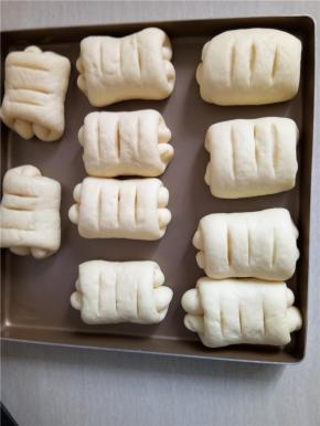 发酵好的面包取出（表面筛上一层高粉，我忘记筛粉了），放入预热好的烤箱中层180度烤20分钟左右，上色后注意加盖锡纸。