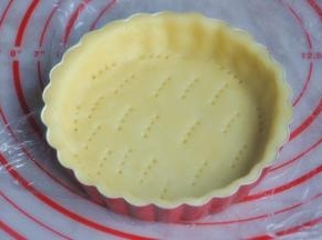 用叉子或者牙签在派皮上扎上小孔，避免在烤的过程上派皮膨胀。