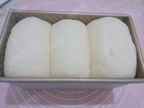 把吐司盒放入温度38度，湿度85%的条件下最后发酵。我是放在烤箱中，放入一碗开水，在放一个烤箱温度计监测，碗中的水稍凉就换一碗水