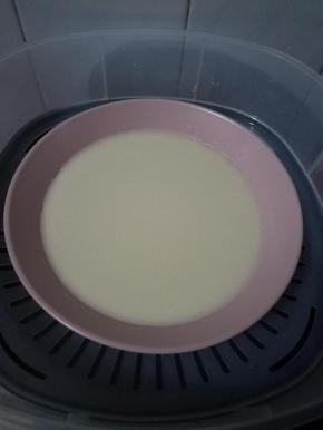 把冰皮面糊放入沸腾的水中大火蒸30分钟，直到看不见面糊熟透为止。（每个人家里的电磁炉、煤气炉等炉具的火力功率都不一样，时间自己调节哦，蒸熟就好）