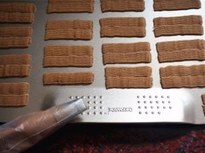 在无边烤盘上，挤出约6cm长的条状，在旁边紧挨着挤上另外一条。