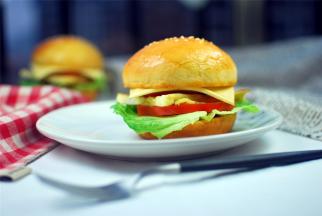 面包底，生菜，色拉酱，西红柿，煎蛋，色拉酱，芝士片，汉堡顶，依次放上即可。根据自己的口味，也可以放点番茄酱。