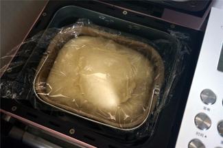 盖上保鲜膜，启动发酵程序，将面团发酵至两倍大。
