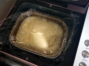 盖上保鲜膜，启动发酵程序，将面团发酵至两倍大。