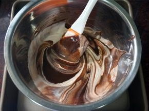 将打蛋盆置于冰水中，让巧克力冷却凝固至出现浓稠度，然后加入之前打发了的淡奶油，翻拌均匀，巧克力慕斯液完成。