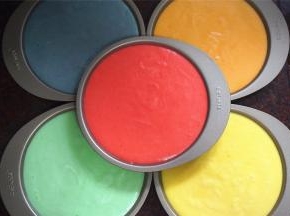 模具底部刷上一层烤盘油，然后倒入蛋糕糊，震荡出大气泡。