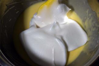 将蛋白糊分次与蛋黄糊混合，切拌成顺滑的蛋糕糊。