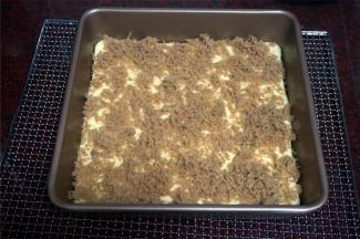 取出，铺上猪肉松，然后倒入剩下的蛋糕糊，再次放入烤箱中层，180度上下火，烤20分钟。