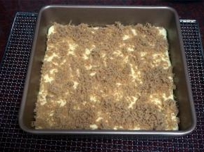 取出，铺上猪肉松，然后倒入剩下的蛋糕糊，再次放入烤箱中层，180度上下火，烤20分钟。