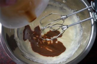 用2小勺热水溶解2小勺咖啡粉，然后加入到奶酪糊中，拌均匀。