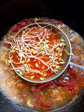 将豆芽烫1分钟，迅速捞出！