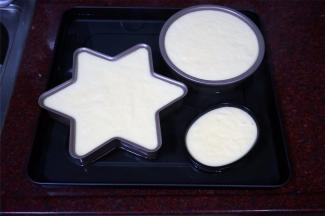 模具刷油，倒入蛋糕糊，震荡出大气泡。烤盘里注入沸水，进行水浴烘烤。