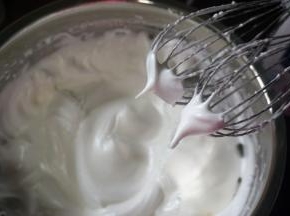 打发蛋白：蛋白6个，加入4克柠檬汁，2克盐，66克的细砂糖（分三次加入），低速打发至粗泡状态，然后转为中速，打发至中性发泡（倒置容器，蛋白不流出）。