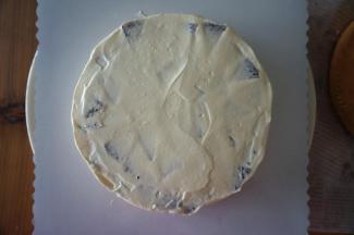 一层蛋糕片一层奶油水果馅叠上去，最后一层盖上蛋糕片后稍微暂停，对剩余的淡奶油进行调色处理。